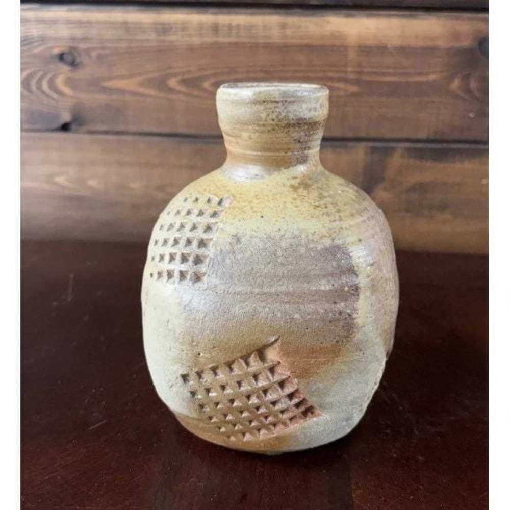 Vintage Artist Signed Brutalist Studio Art Pottery Vase Mid Century Stoneware
